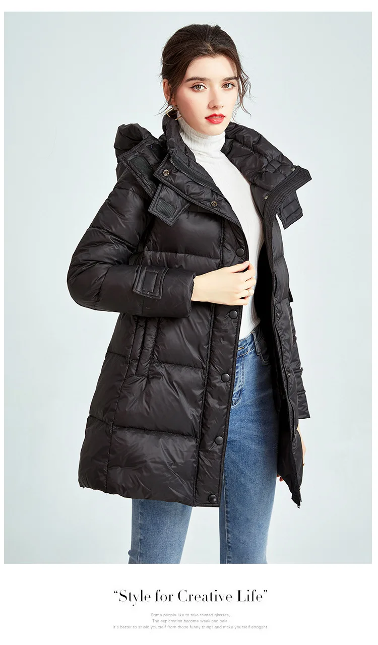 

Women's Down Coats Hooded Stand Collar jacket Long Sleeves coat White Duck Down clothes Elegant Winter Parkas Overcoat Outerwear