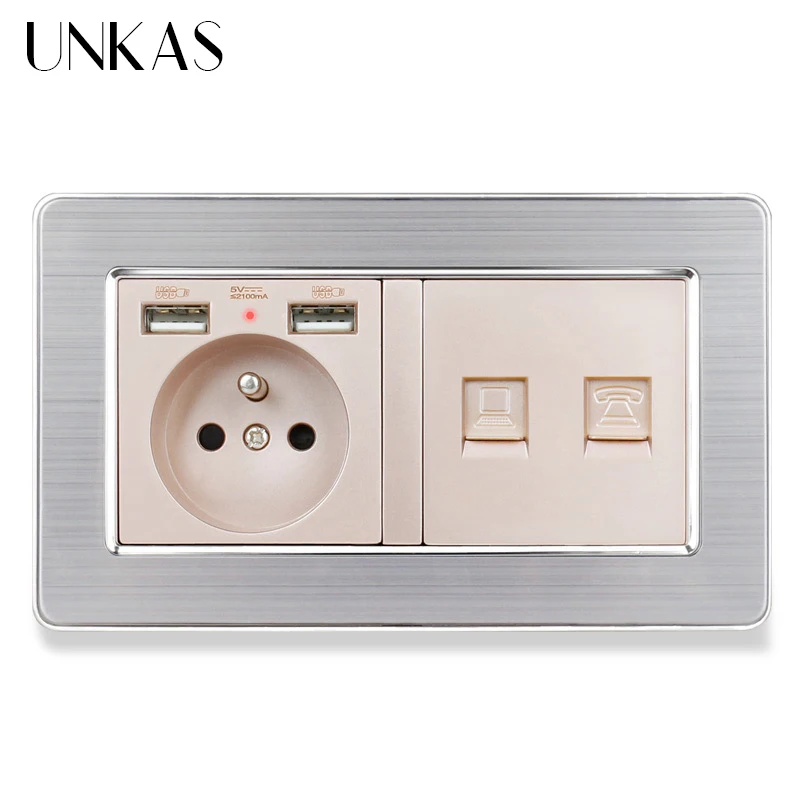 Французская стандартная розетка UNKAS с панелью из нержавеющей стали 2 USB-портами +