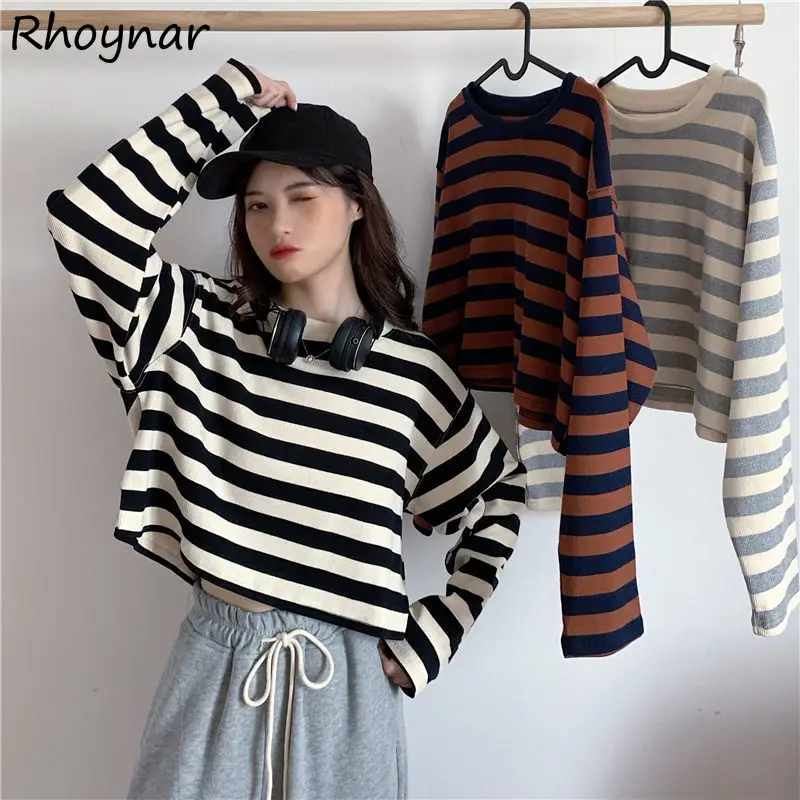 

Long Sleeve T-shirts Women Spring Autumn Striped Simple 3 Colors Trendy Leisure Loose O-neck Students Tops Tee Elegant Ulzzang