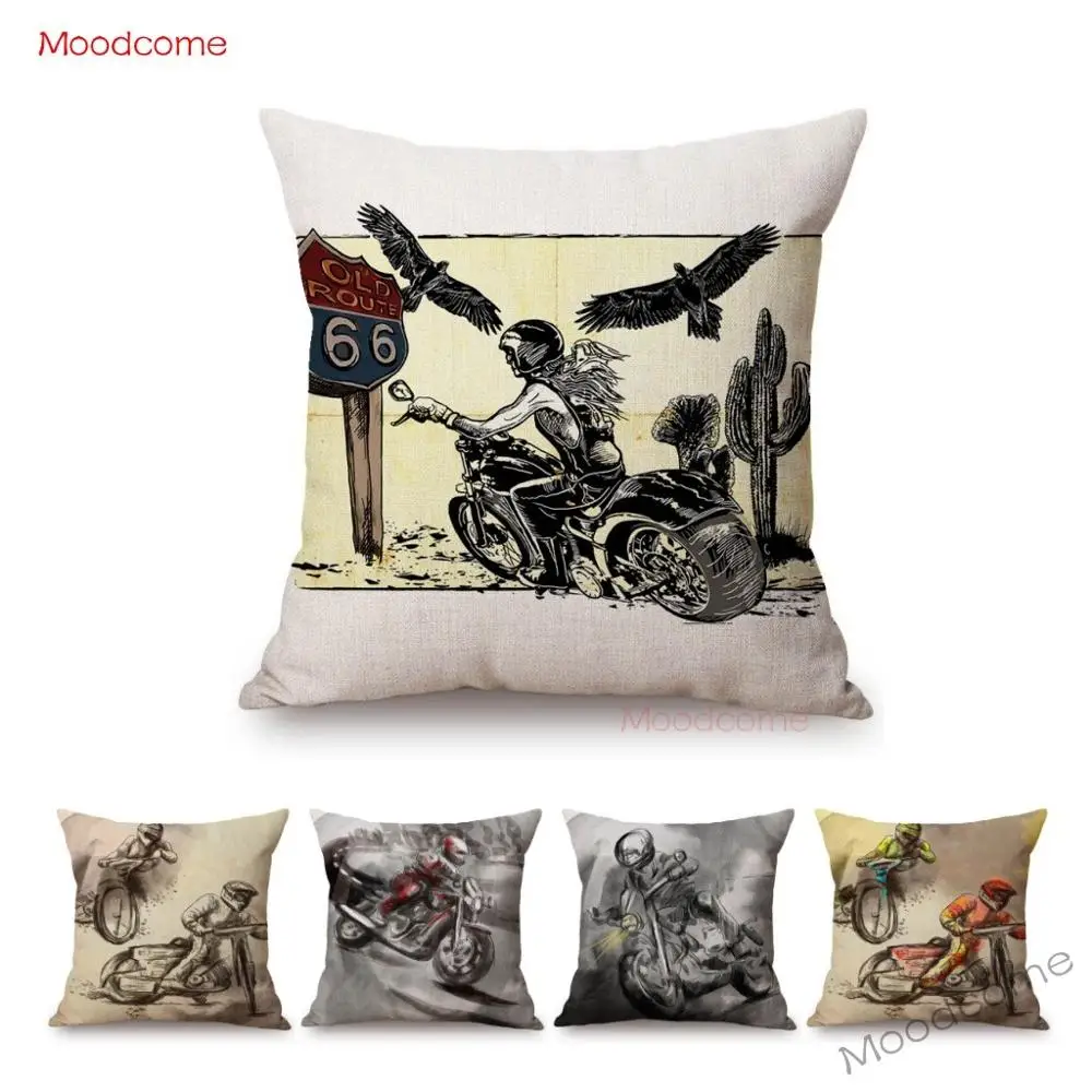 

Watercolor Ink Splash Art Motorcycle Racing Scene Home Decorative Sofa Cushion Cover Motorbike Route66 Nordic Linen Pillow Cover