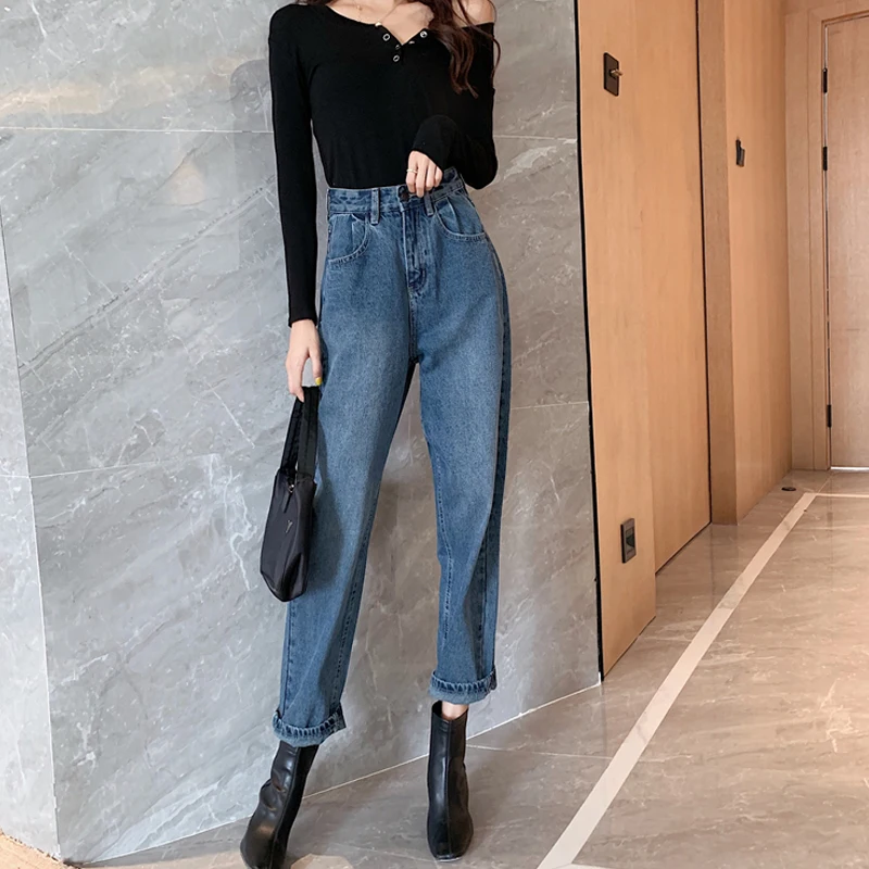 

Hong Kong flavor 2021 fashion all-match loose blue jeans women's thin high-waisted daddy pants trousers radish pants trend