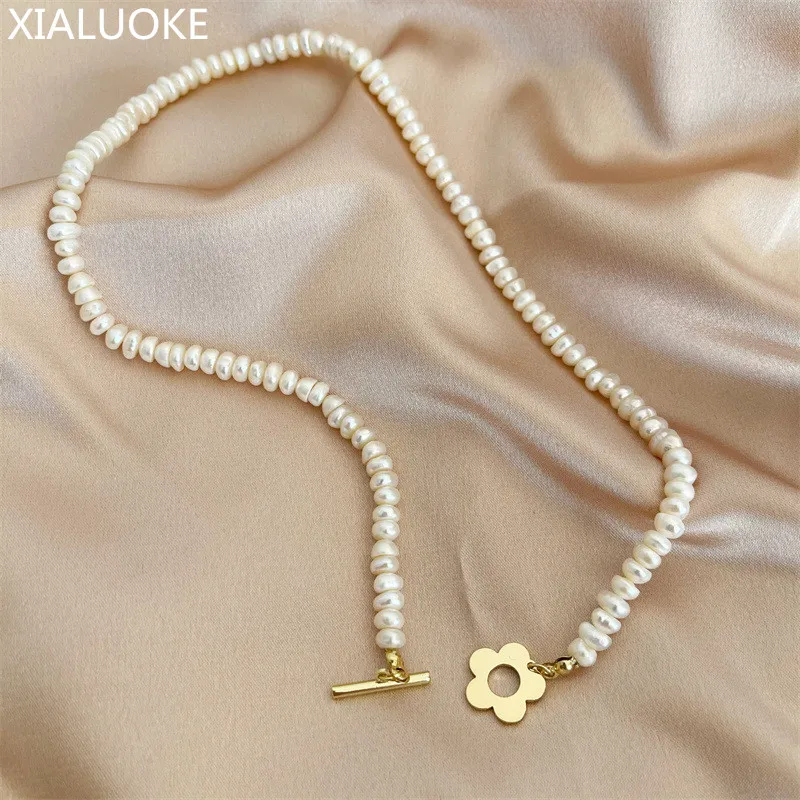 

XIALUOKE Luxury Baroque Freshwater Pearls Necklace For Women Retro Trendy Metal Flower Beaded Chokers Necklaces Wedding Jewelry