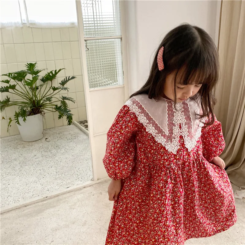 2020 Spring Lace Collar Girls' Floral Dress Long Sleeve Cotton Princess Dresses for Sweet Baby Girl Forest Kids Pleated | Детская