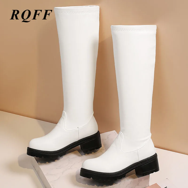 Женские сапоги до колена на платформе эластичные из искусственной кожи высоком