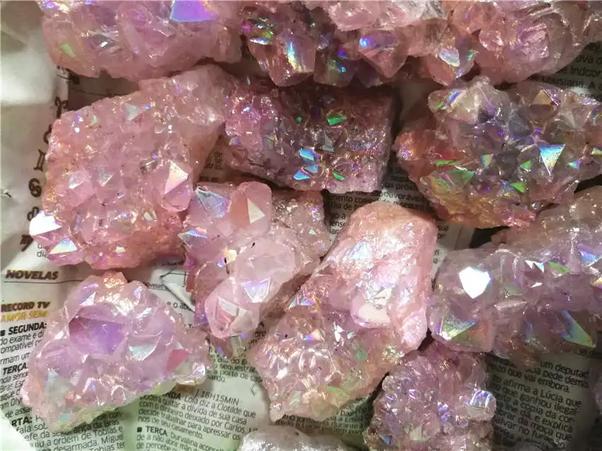 500g Wholesale natural pink angel aura crystal cluster electroplating Titanium coating quartz cluster stone Healing