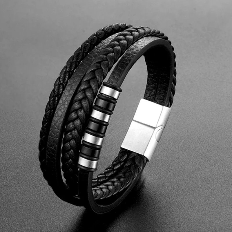

New 4 Layers Black Punk Style Design Genuine Leather Bracelet for Ladies Steel Magnetic Button Birthday Gift Male Bracelets TZ33