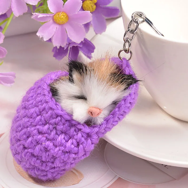 Cute Sleeping Cat Pompom Keychains Women Girls Handmade Woven Slipper Faux Fur Kitten key Rings Fluffy Bag Car Pendants Gift | Украшения и