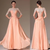 fashionable a line boat neck with 34 sleeves chiffon long lace see through 2019 peach party women mother of the bride dresses