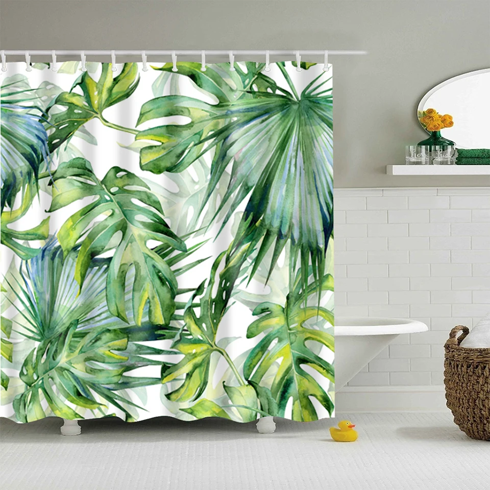 

Cactus Flower Scenery Shower Curtains Ocean Beach Sea Wave Coconut Tree Water Color Leaf Plants Landscape Bathroom Cloth Curtain