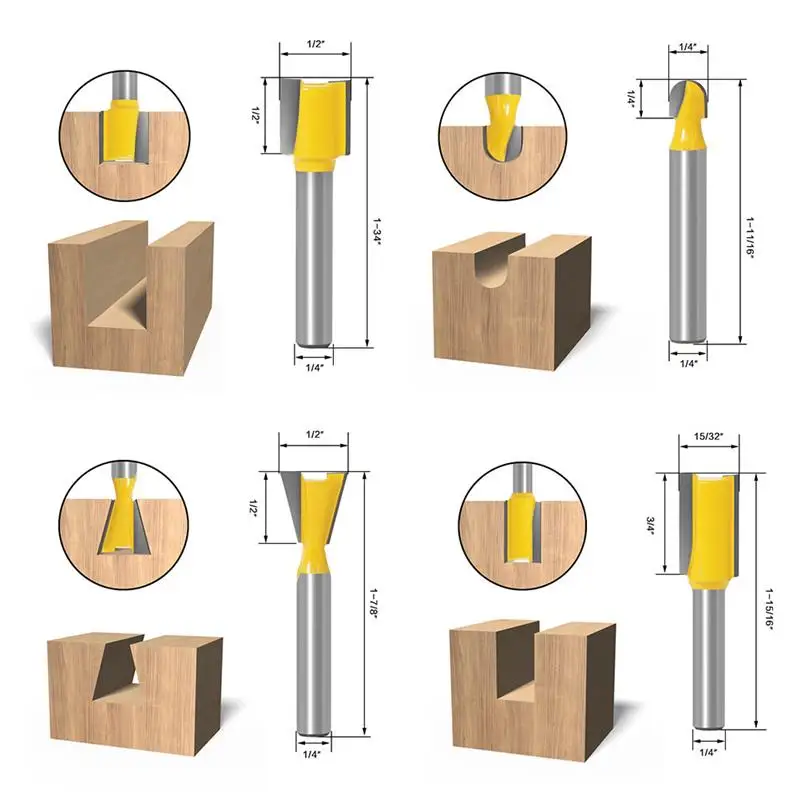 

15 PCS 1/4" Milling Cutter Set with Wooden Storage Box Hard Alloy Metal Bit for Carpentry Slotting Cutting Trimming