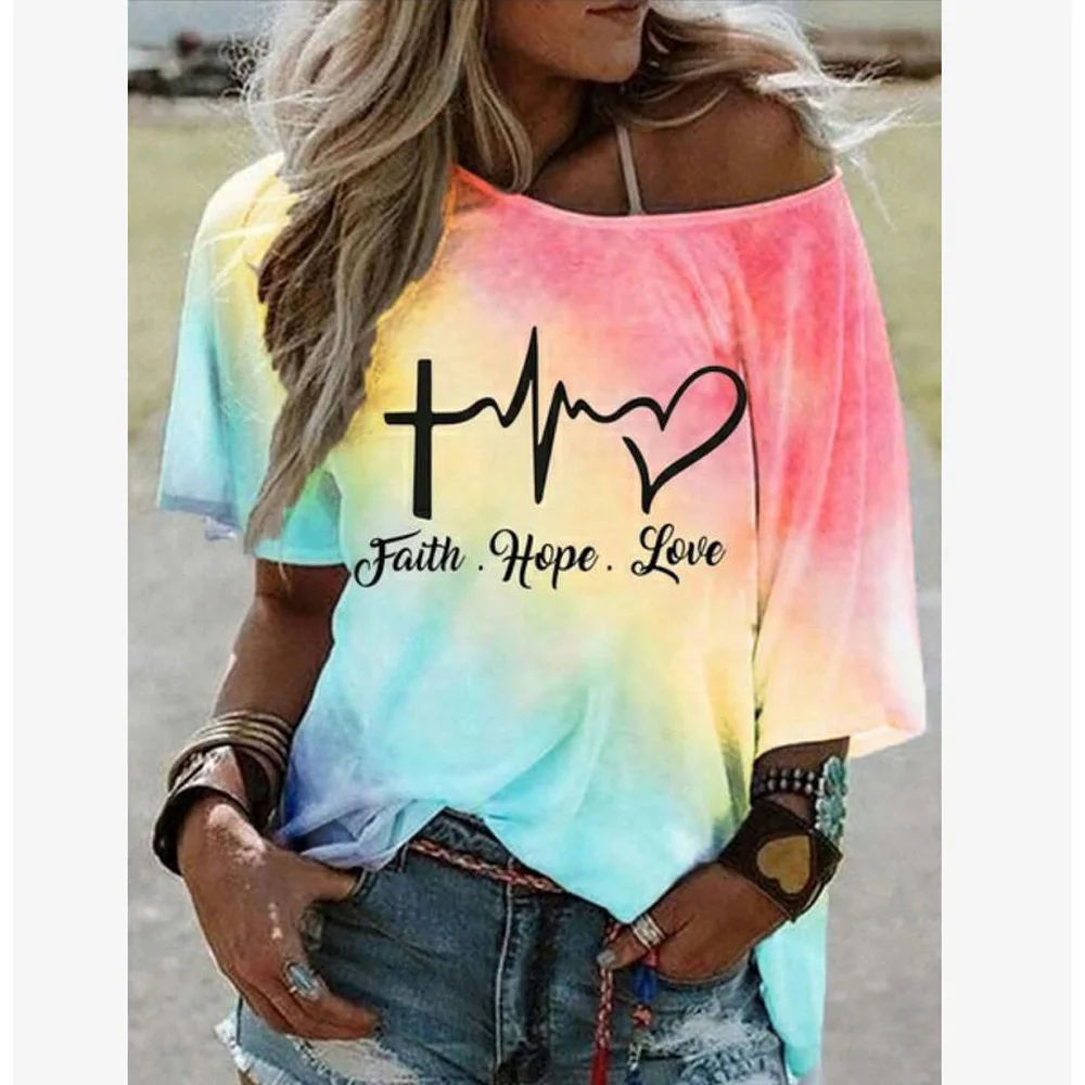 

Summer Women T-Shirt Gradient Color Letter Print Casual Loose Pullover Top Female Short Sleeve O-Neck Tees Streetwear Plus Size
