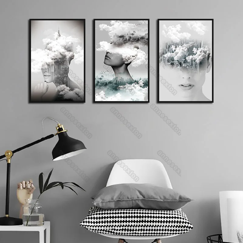 

Modern Abstract Canvas Painting Wall Poster Art White Woman Pictures Clouds and Unreal Buildings for Home Room Wall Decoration