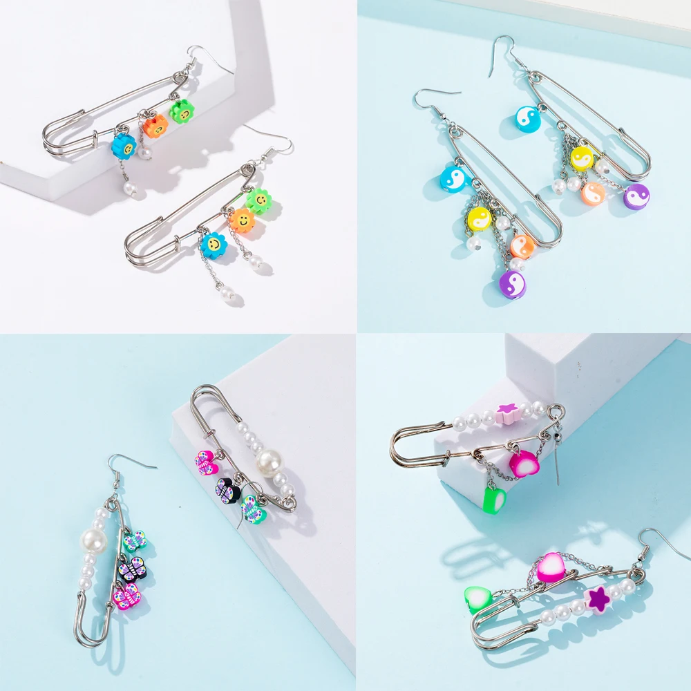 

Fashion Clay Tai Chi Safety Pin Long Drop Earrings For Women Cute Colorful Fruits Butterfly Ying Yang Paperclip Dangle Earrings
