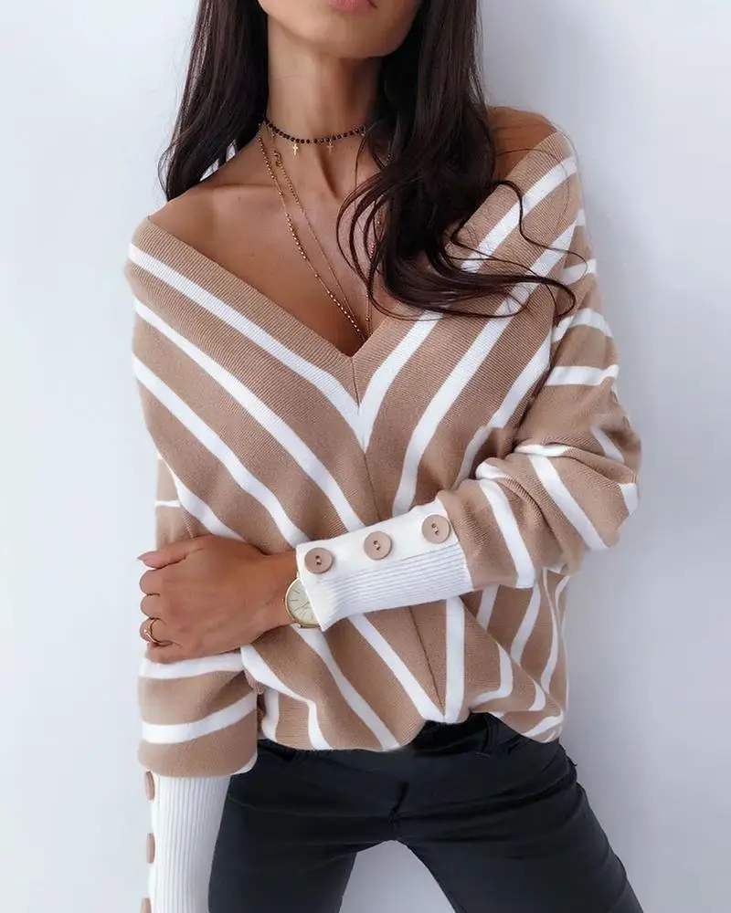 

Women Long Sleeve V Neck Buttoned Striped Casual Sweaters Autumn Winter Sweater Tops Ladies Pullovers
