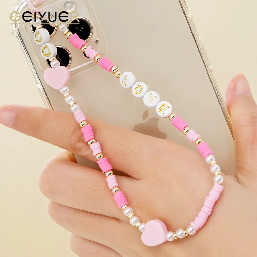 

New Pink Polymer Clay Phone Chain LOVE Heart Charm Girls Telephone Jewelry Pearl Heishi Beaded Mobile Lanyard Cellphone Strap