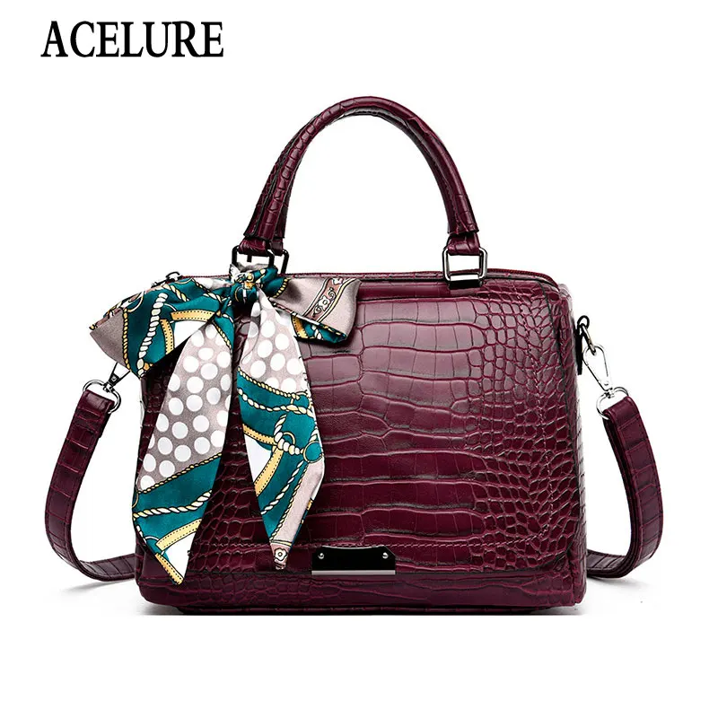 

ACELURE Female New Fashion Solid Crocodile Pattern PU Leather Shoulder Bags Large Capacity Scarf Decor Handbags DropShipping