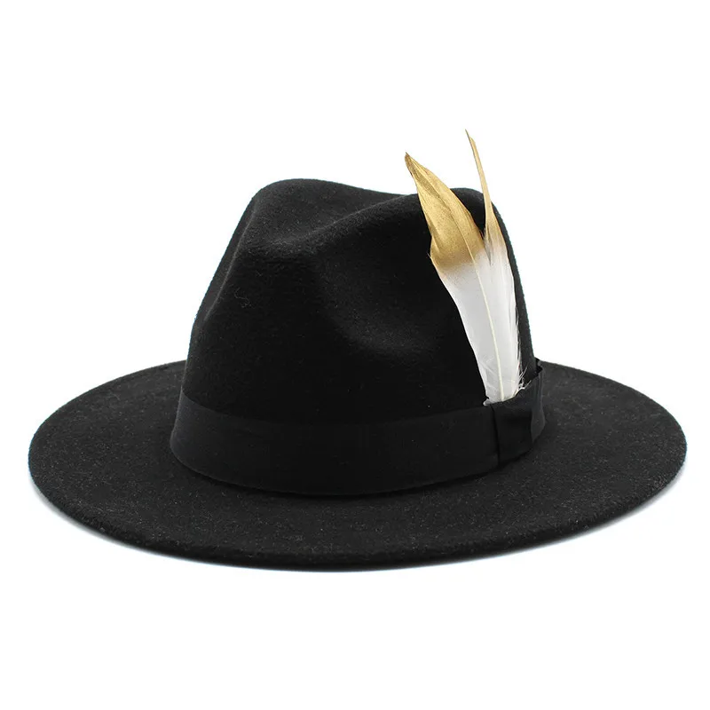 

New 2020 Women Men's Feminino Felt Fedora Hat For Lady Winter Autumn Wool Church big Brim Homburg Jazz Hat Feather Hat