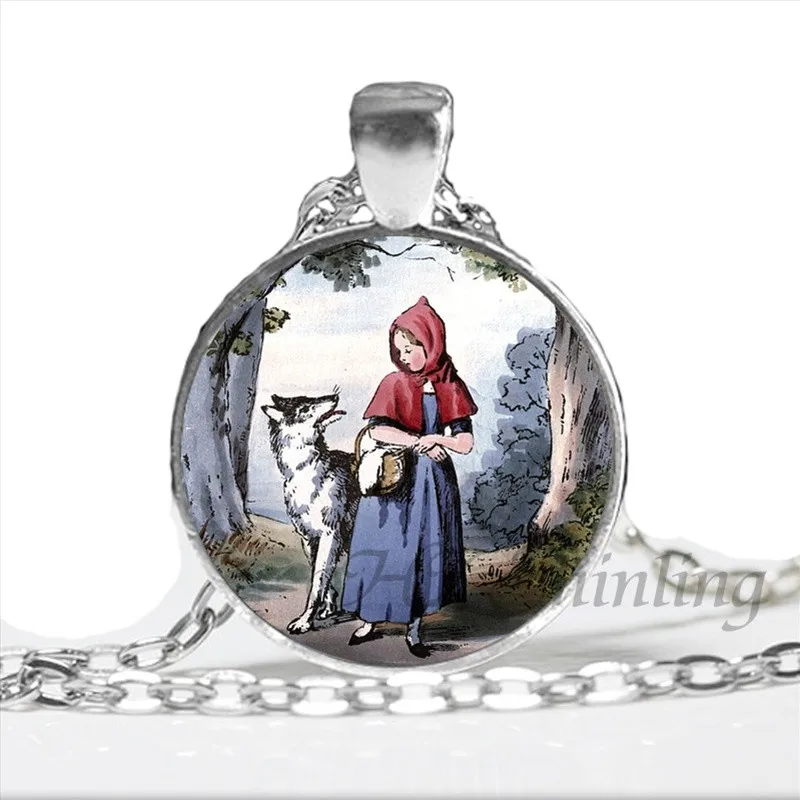 

Fashion Little Red Riding Hood and Wolf Pendant Necklace Fairytale Art Photo Handmade Vintage Necklaces Women HZ1