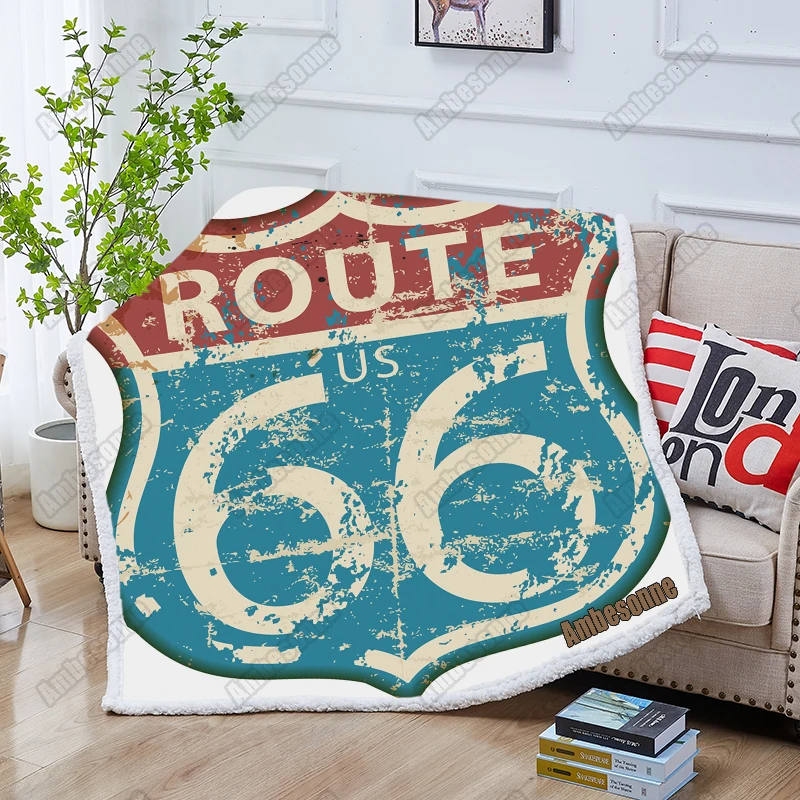 

Custom Blanket Retro Route Sixty Six Road Sign Funny Winter Fluffy Throw Blanket for Sofa Sherpa Bed Blankets Plush Mantas