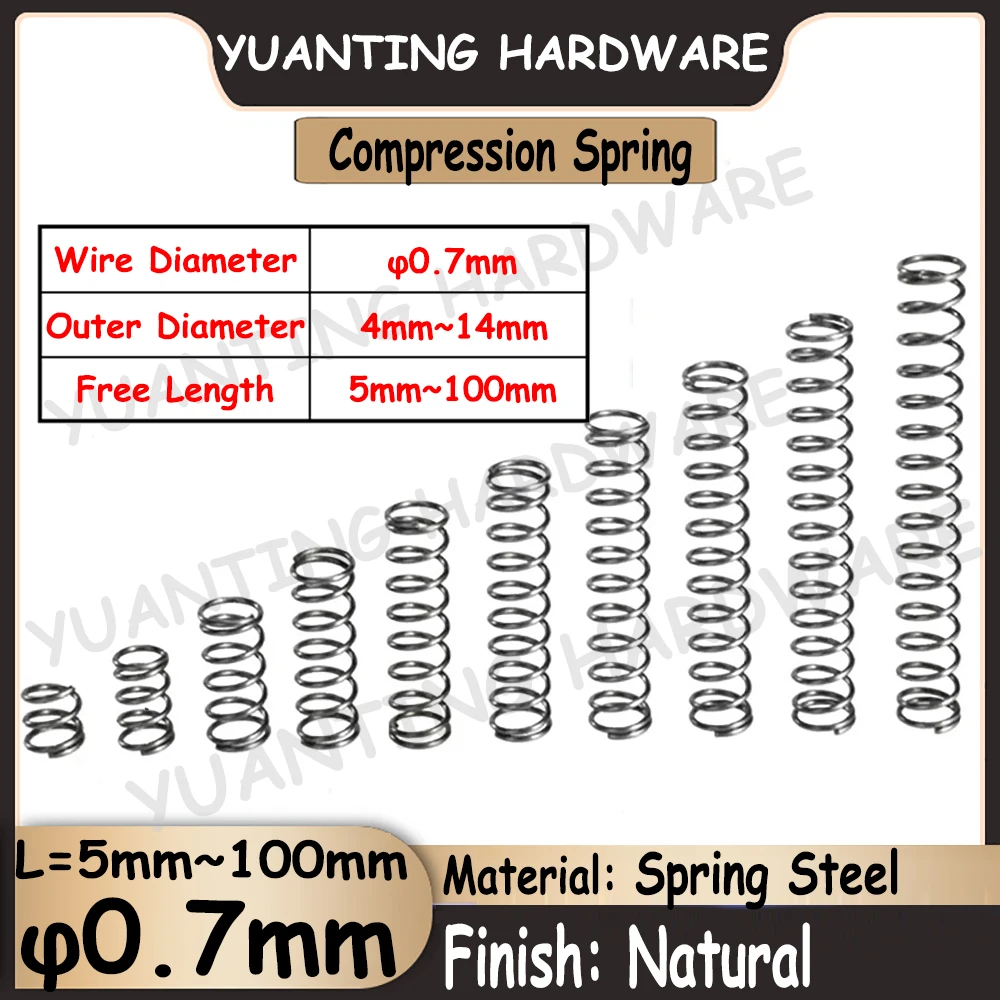 

5Pcs/10Pcs Spring Steel Natural Color Compression Spring Wire Diameter 0.7mm OD 4mm~14mm Free Length 5mm~100mm