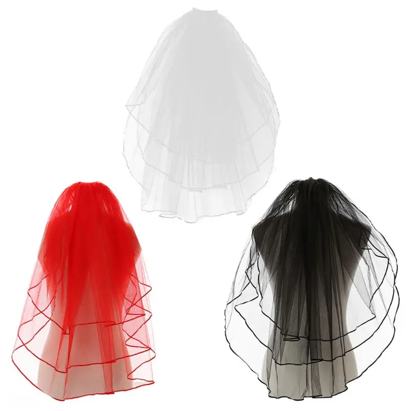 

T84B 3 Layers Women Girls Festival Cosplay Wedding Veil Scalloped Floral Trim Three Tier Tulle Mesh Party Costume Photo Props