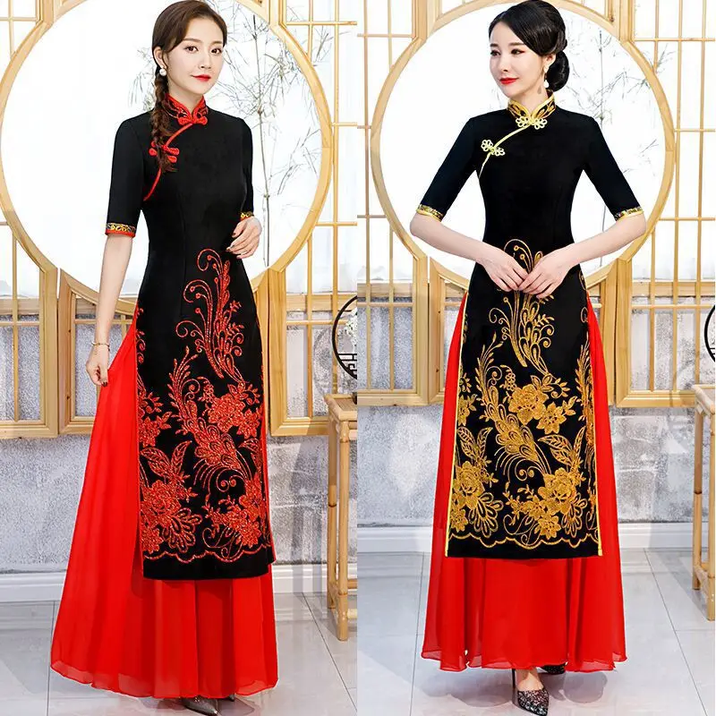 

Женское изысканное платье-Ципао большого размера с вышивкой, тонкое Длинное Элегантное платье Aodai Qipao в стиле ретро для выступлений, деловое...