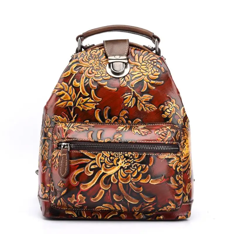 

2021 New Creative Flower Embossed Shoulder Bag Women Backpack Retro Handmade High Quality Small Travel Backpack