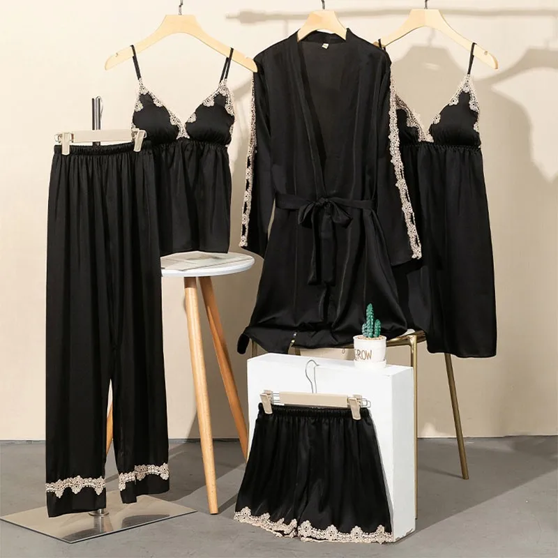 

Комплект пижамный Женский, из 5 предметов, атласный, с кружевом