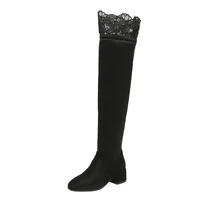 Square Toe Lace-Trimmed Horseshoe Heel Frosted Flock Over The Knee Boots Sexy Thick Heel Side Zipper Soft Women's Boots