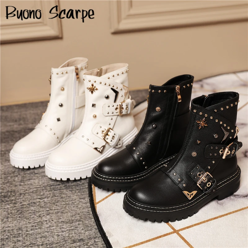 

Platform Women Combat Boots Rivets Metal Buckle Punk Shoes Genuine Leather Casual Platform Boots Retro Handmade Botas Feniminal