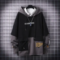 kpop loose hooded sweater mens hip hop fake two pieces hoodies sweatshirts long sleeve mens stitching black hoodie streetwear