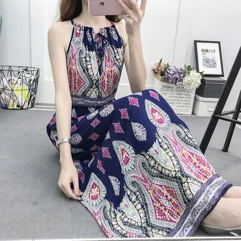 

2020 new summer cotton silk suspender dress female cotton silk floral beach skirt artificial cotton bohemian long skirt