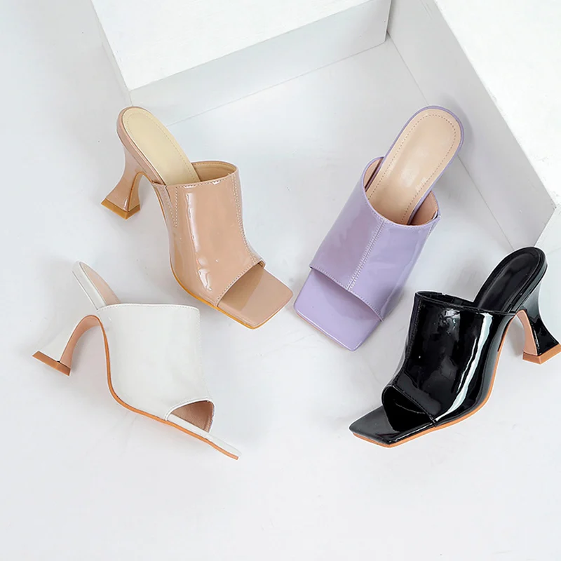 

2021 Summer Fashion Women Sexy Slippers Square Toe Patent Leather Thick High Heels Multicolor Design High Quality Party Shoes