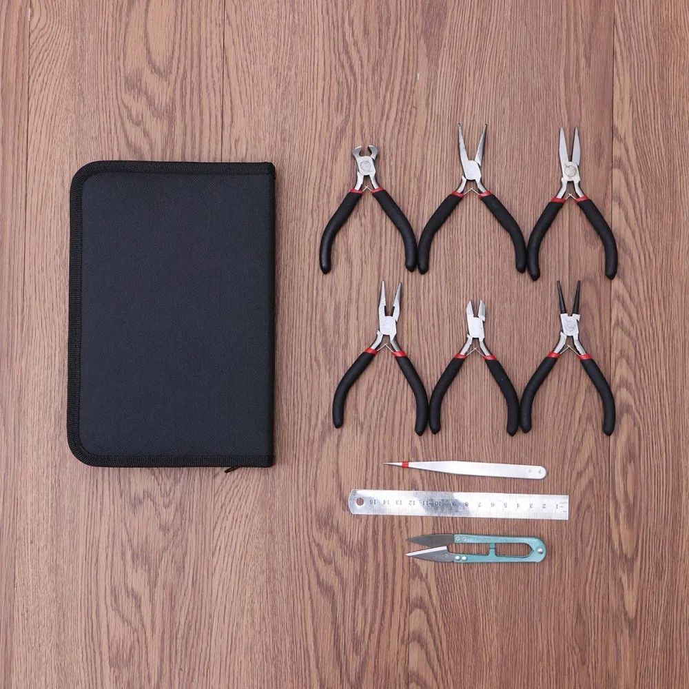 

9PCs Plated Jewelry Making Beading Mini Pliers Tools Kit Set Long Round Flat Nose