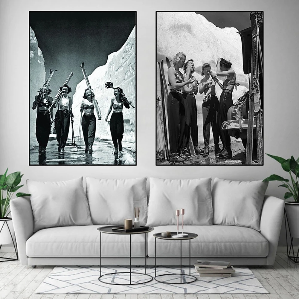 

Retro Poster Girl Go Skiing Classic Picture Vintage Black White Wall No Frame Painting Cafe Bar Home Decoration Poster Prints