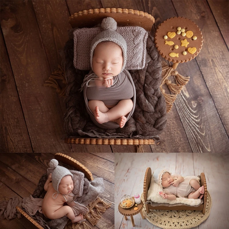 

T5EC 2 Pcs Newborn Detachable Posing Mini Bed Bedside Table Set Baby Photo Shooting Handmade Wooden Cookie Crib Desk Kit Infant
