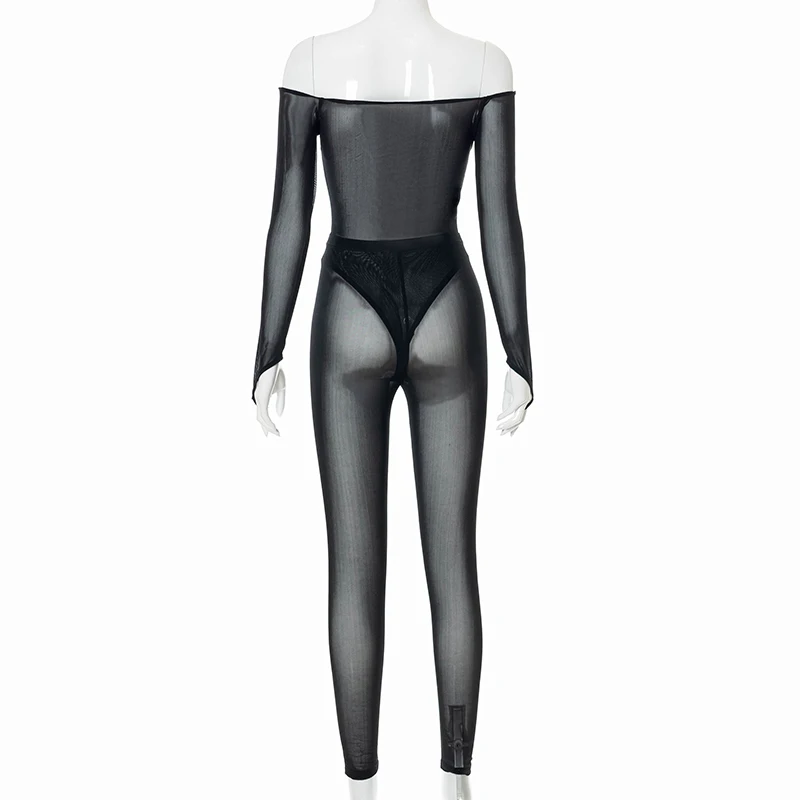 

Bomblook Sexy Party Club Women's Suit Summer 2021 Mesh Off-shoulder Bodusuit High Waist Pants Set Vetement Femme Streerwears