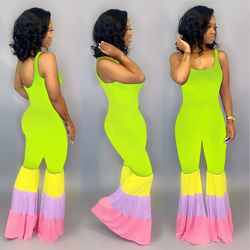 

Echoine Sexy Jumpsuit Colorful Spaghetti Strap Long Wide Pants Playsuit Backless Sleeveless Rompers Womens Jumpsuit Plus Size