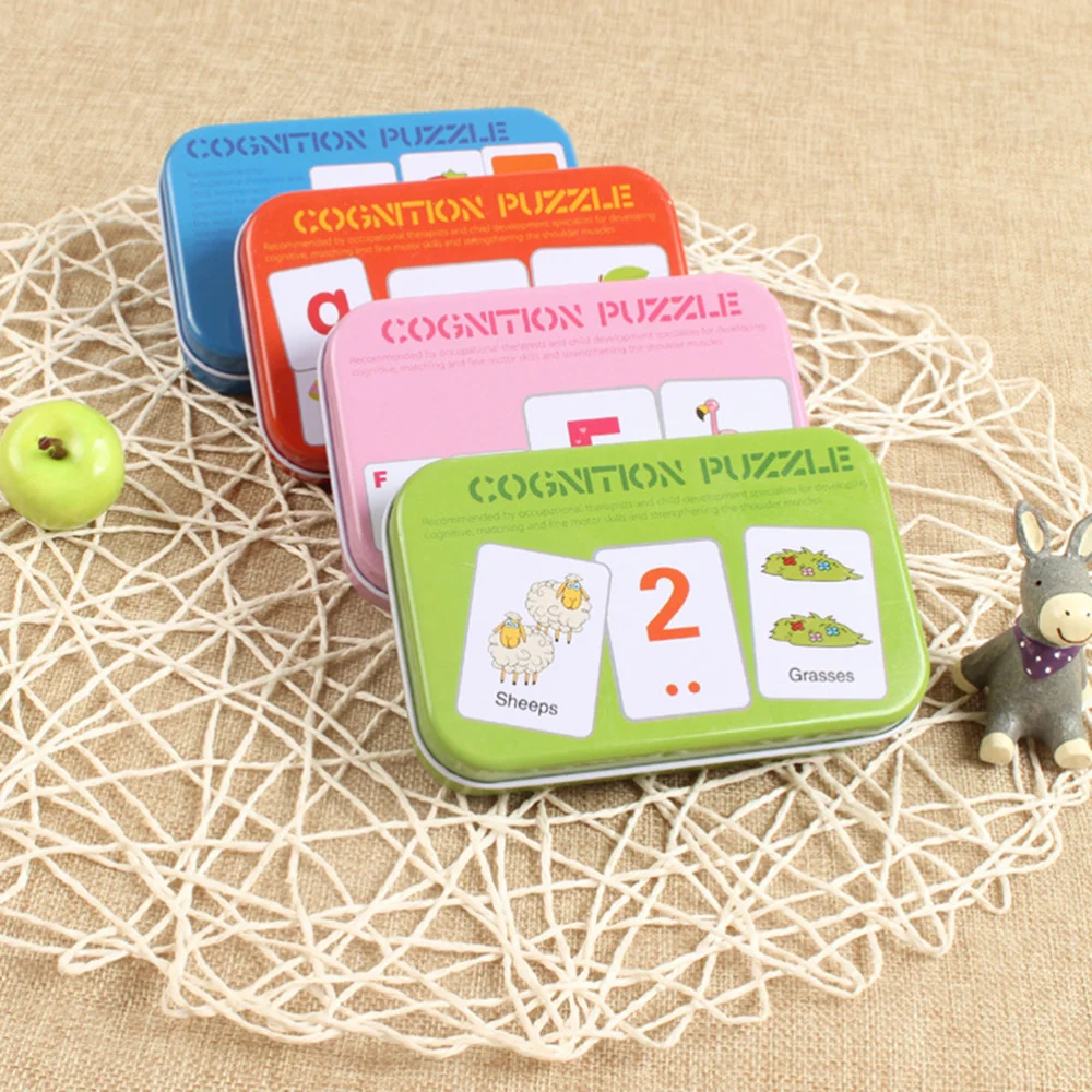 

1 Set 32pcs Kids Literacy Puzzle Board Tin Box Puzzle Creative Educational Playthings Early Learning Cognitive (Blue, Sh