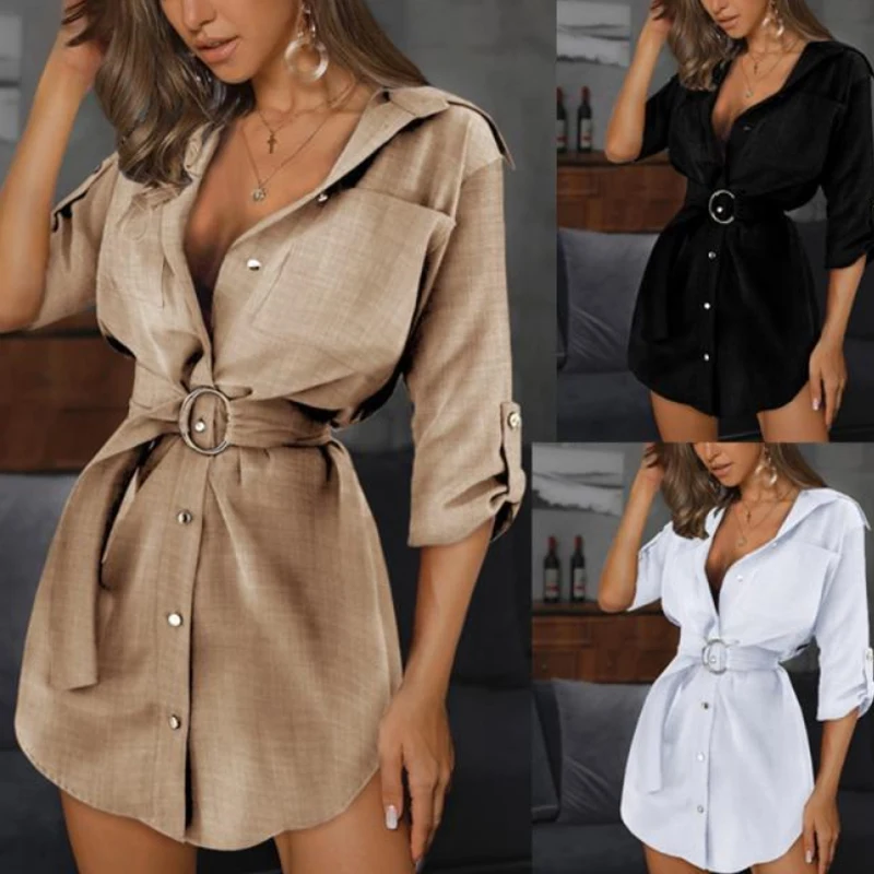 

Женское винтажное платье-трапеция, однотонное элегантное платье с поясом, рукавом три четверти и V-образным вырезом, лето-осень 2020