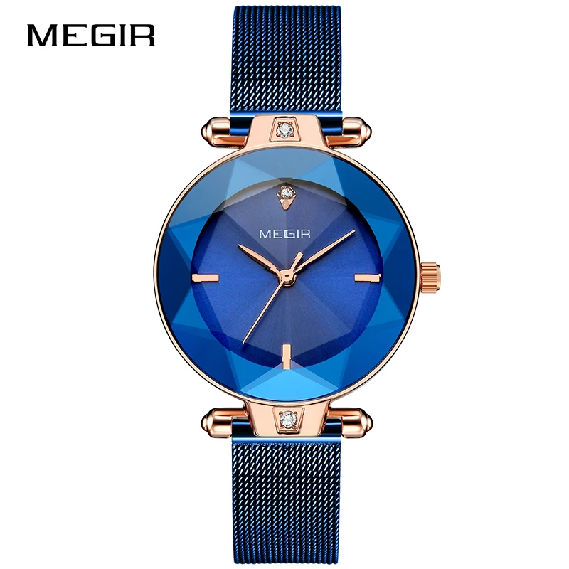 Blue MEGIR Женские Простые аналоговые кварцевые часы полный стальной сетчатый Браслет наручные часы новые часы женские Лидирующий бренд Relogios Masculino - Цвет: Blue
