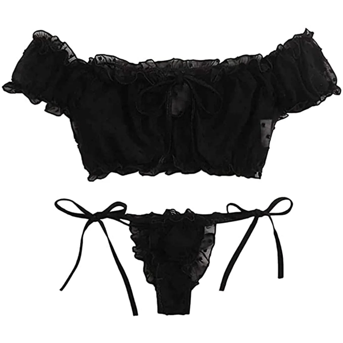 

Women's Sexy Two-Piece Bra and Thong Underwear Set Self-lacing Ruffled Decorative Jacquard Mesh Doll Pajamas