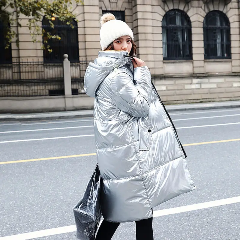 

Fashionable Glossy Epaulet Long Winter Silver Down Jacket Women Stand Collar Windproof Warm Winter Hooded Coat Down Parka Female