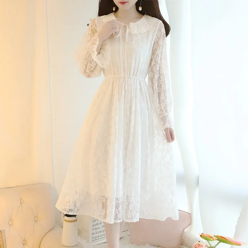 

2021 Spring Autumn New Women Korean Fashion Elegant Slimming White Lace Dress Flare Sleeve Mid-calf Bottoming Dresses Y571