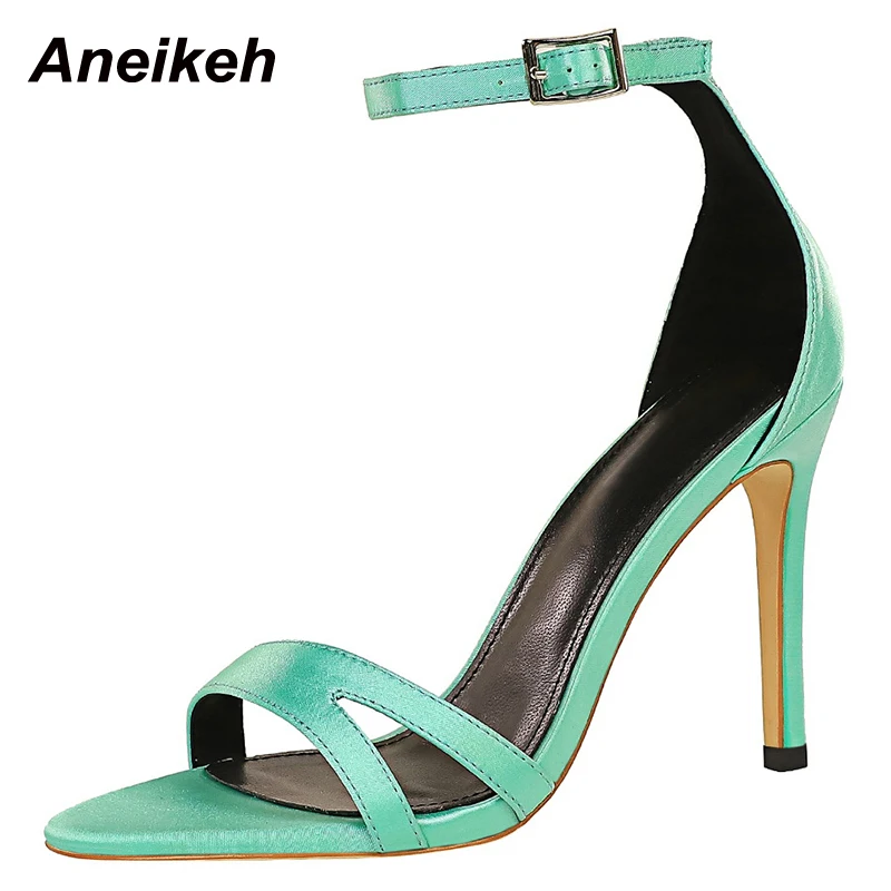

Aneikeh PU Women's Sandals Fashion Sexy Thin Heels Cross-Tied Round Toe Elegant Party Narrow Band Print Plaid Shoes 2022 Summer