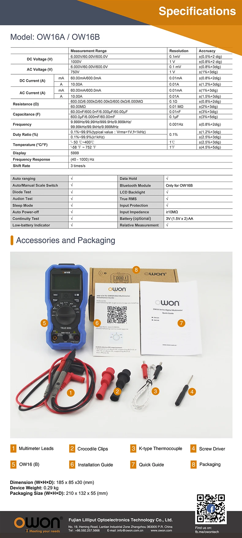 Owon OW16B измеритель тока напряжения мультиметр Ом Resis hFE емкость NCV Hz тест