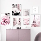 Картина на холсте с изображением розовой Парижской башни, уличных пионов, цветов, в скандинавском стиле, настенные картины для украшения гостиной