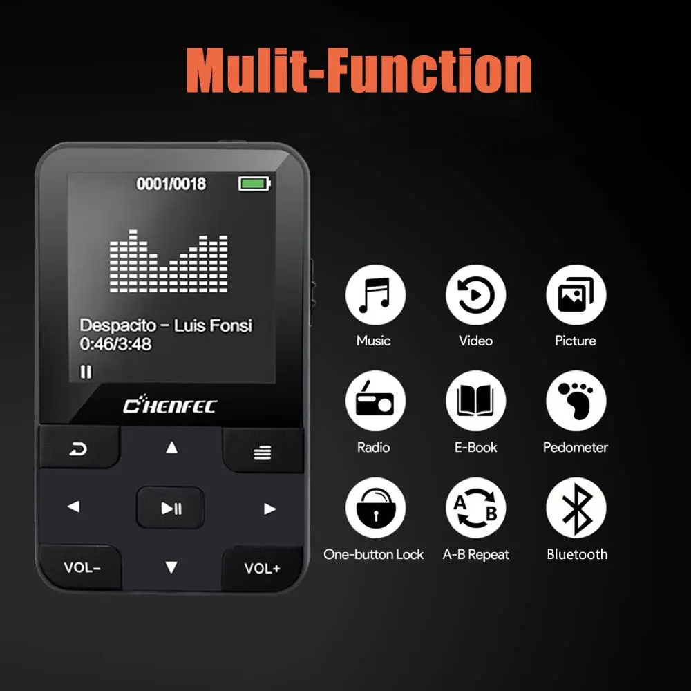 Мини MP3 плеер с зажимом 16 ГБ Bluetooth4.1 без потерь HiFi звук музыкальный FM радио