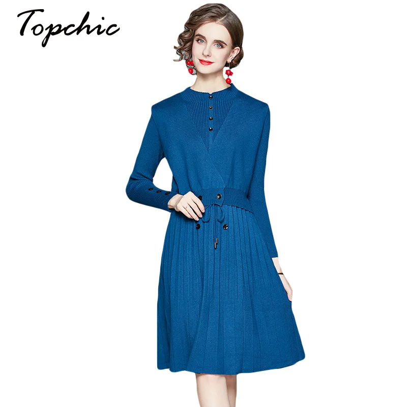 

Autumn Winter Clothes 2021 Casual Elegant Draped Long Sleeve Pleated Midi Sweater Dresses For Women Black/blue Vestidos