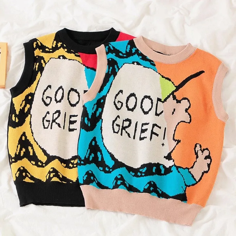 Женский вязаный свитер жилет в Корейском стиле с милым мультяшным рисунком